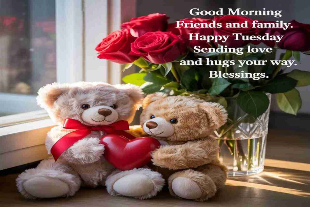 Cute teddy bears with red roses and a heartfelt message, wishing Tuesday blessings filled with love and hugs.