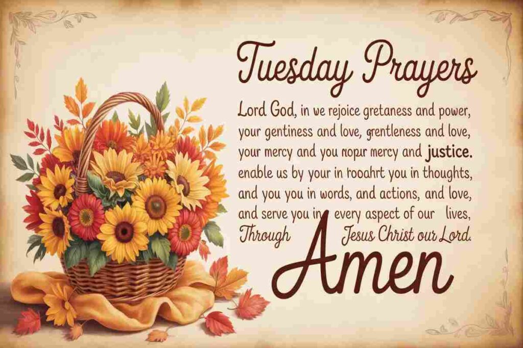Tuesday blessings prayer image with a basket of colorful autumn flowers and inspirational Christian prayer text.