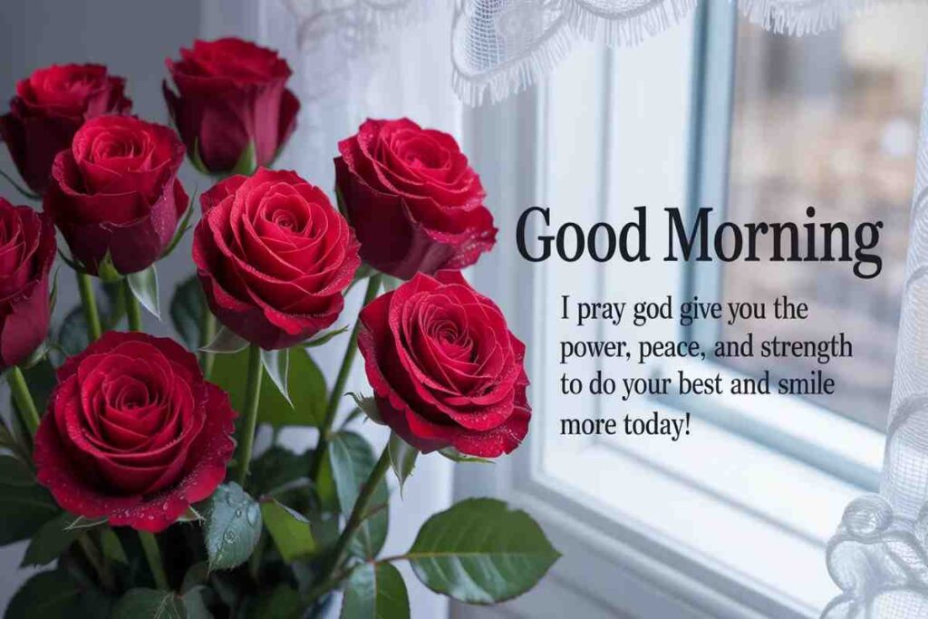 Tuesday blessings image with red roses by a window and a good morning prayer message for peace and strength.