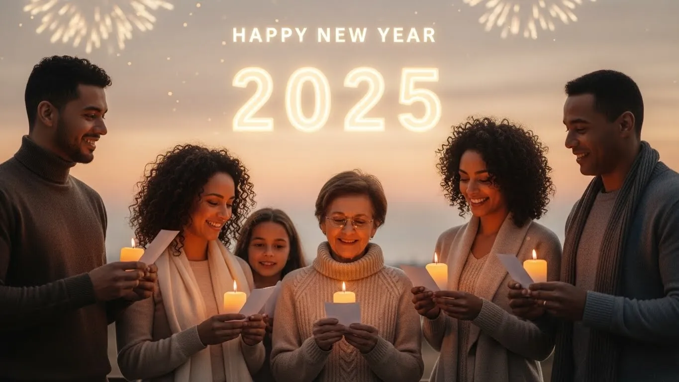 Happy family celebrating New Year Blessings 2025 with candles at sunset together.