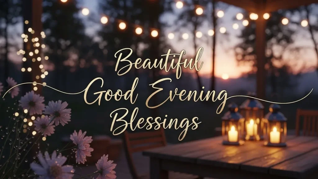 Beautiful Good Evening Blessings scene with purple flowers, candles, and string lights.