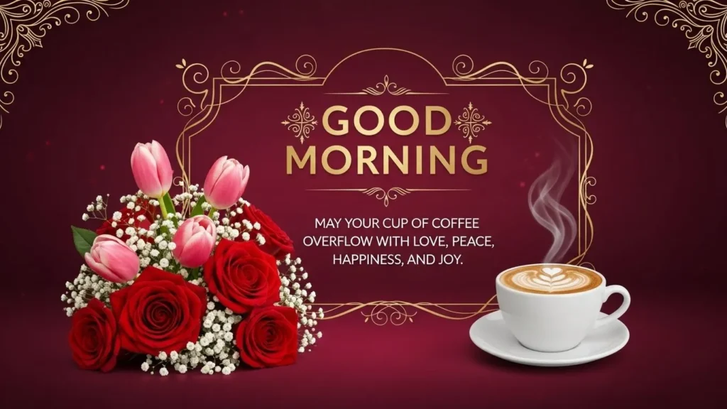 Good morning blessings greeting with red roses, pink tulips, coffee cup and inspirational quote on burgundy ornate background.