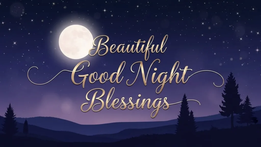 Beautiful Good Night Blessings greeting with a full moon, stars, and pine tree silhouettes in the night sky.