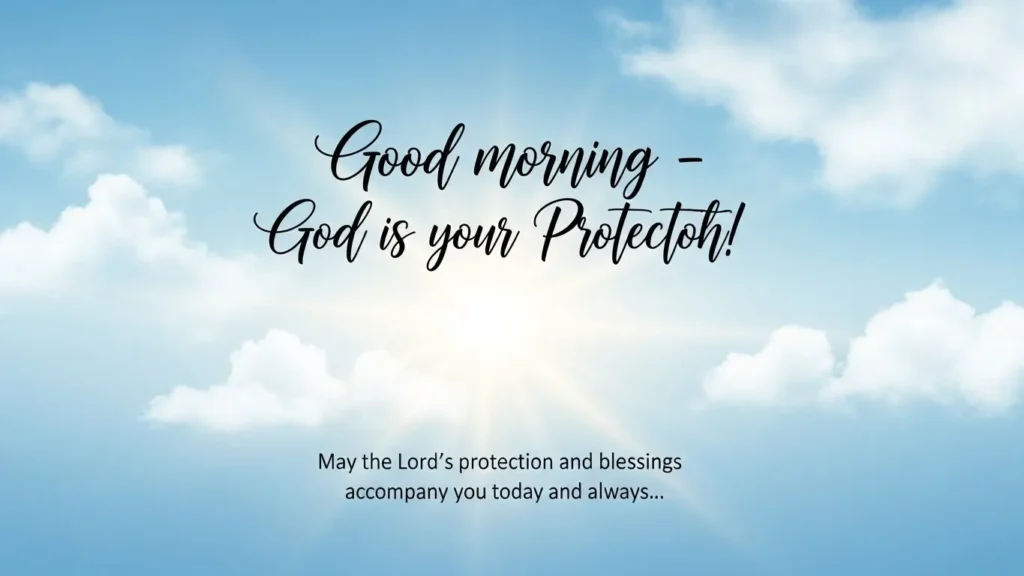Good morning blessings greetings with "God is your protector" message on a blue sky with a white cloud background.