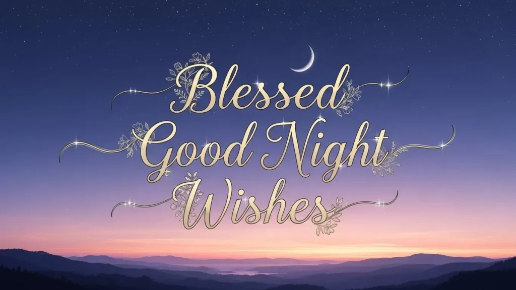 Good Night Blessings Wishes blessed greeting with crescent moon, stars and floral ornaments.