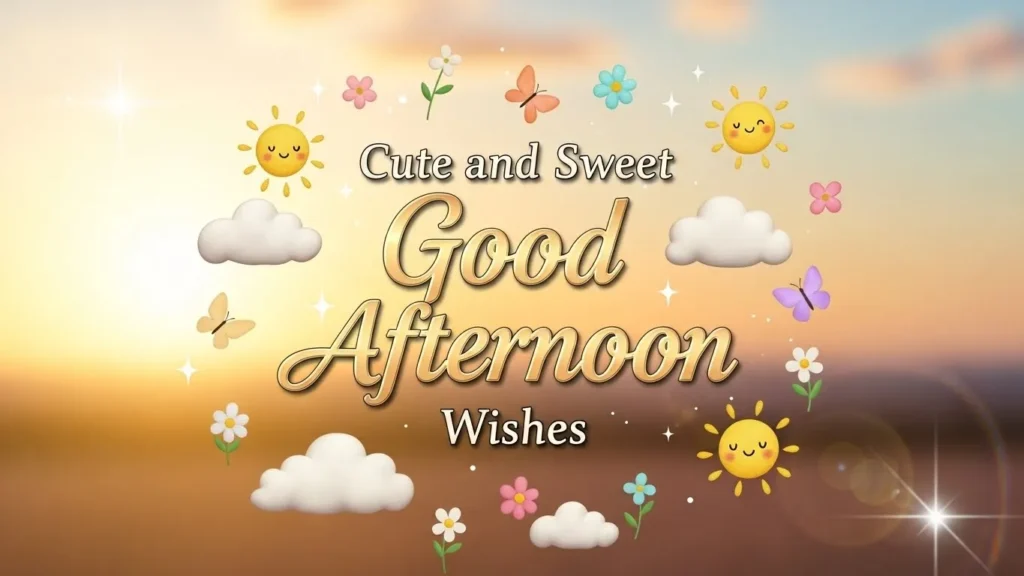 Cute and Sweet Good Afternoon Blessings with smiling suns, clouds, flowers, butterflies, and pastel sunset sky.