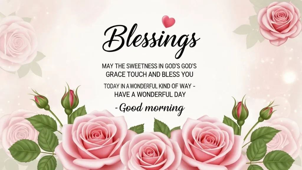 Good morning blessings greeting with pink roses, hearts and God's grace message on cream floral background with inspirational quote.