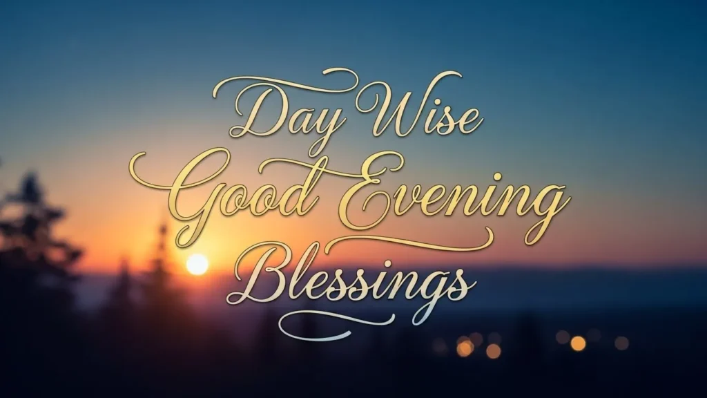 Good Evening Blessings day-wise greeting with sunset, trees, and golden sky horizon.