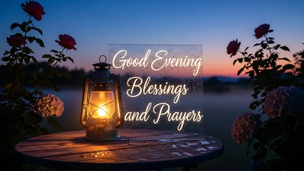 Good evening. Blessings and prayers with red roses, a lantern, and a sunset lake view.