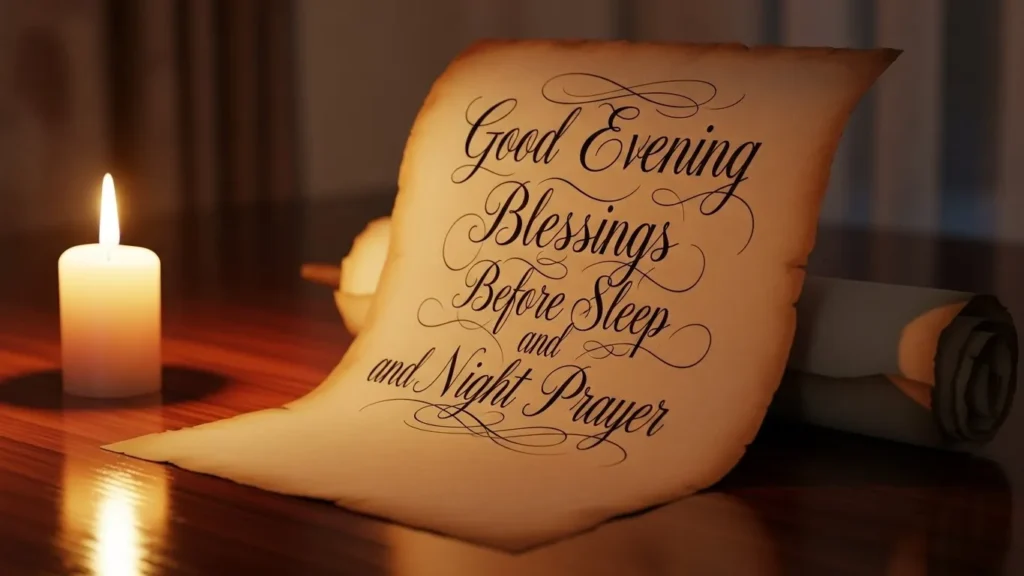 Good Evening Blessings before sleep and night prayer with candle and handwritten note.
