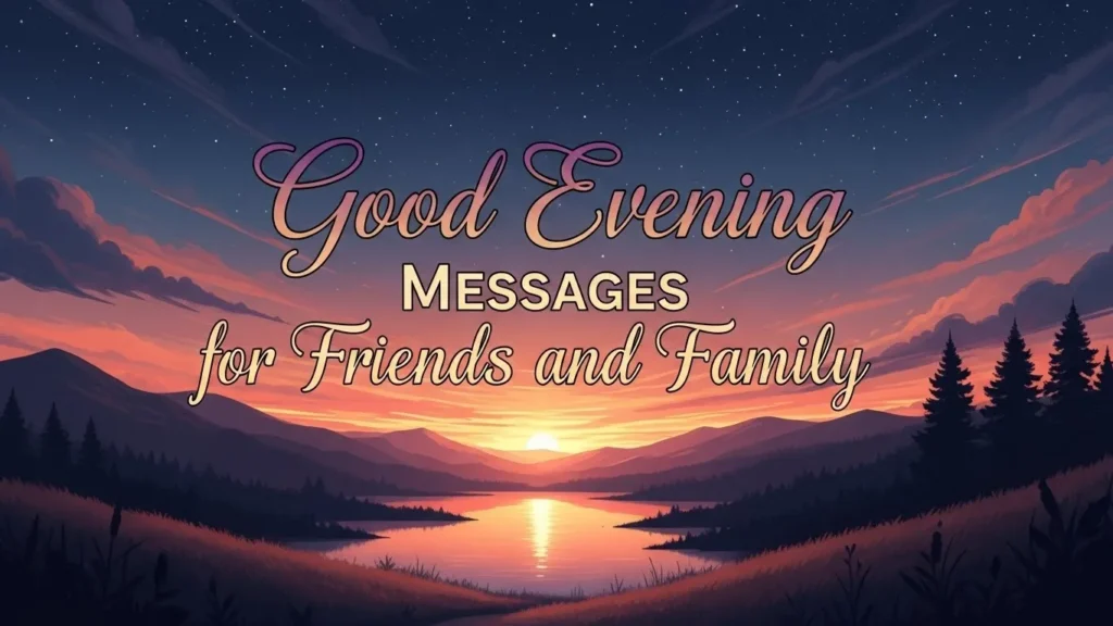 Good Evening Blessings messages for friends and family with sunset lake and mountains.