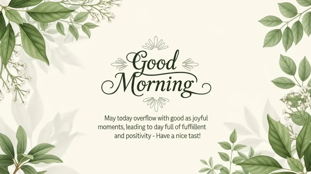Good morning blessings greeting with inspirational message about joyful moments on cream background with green leaves and botanical elements.
