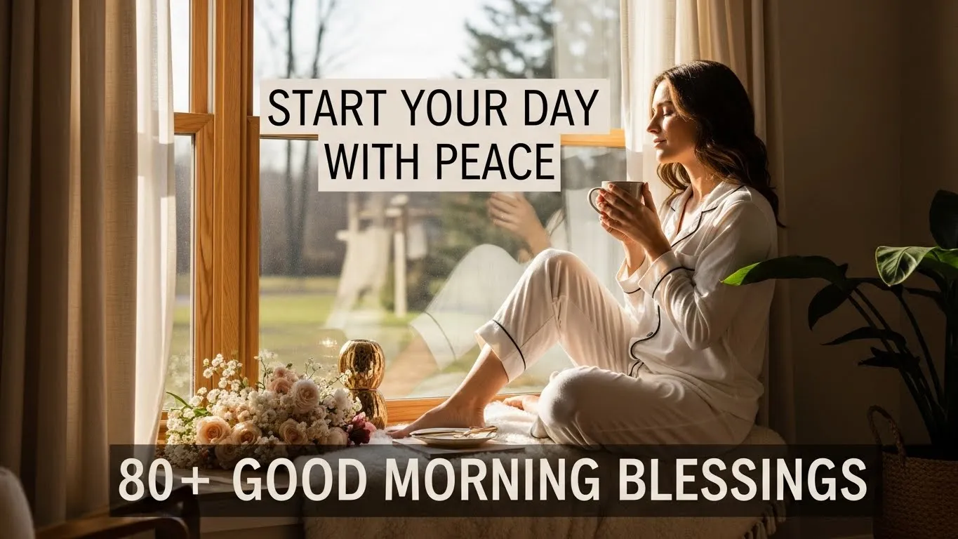 Alt Text: "Woman sitting by window with coffee enjoying peaceful morning, with flowers on windowsill - good morning blessings and a peaceful start to your day.