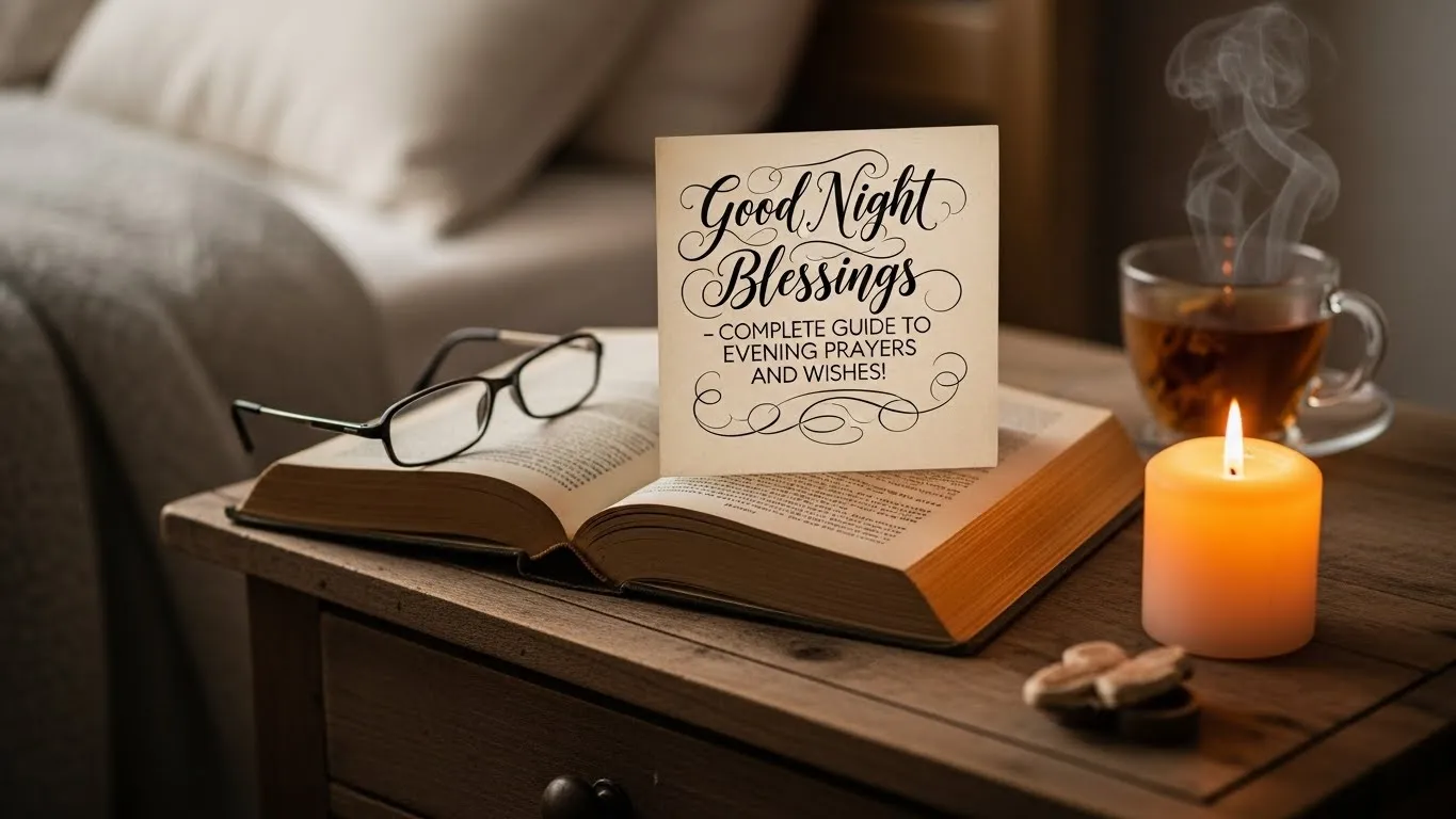 Good Night Blessings scene with an open prayer book, reading glasses, a lit candle, and an evening wishes card.