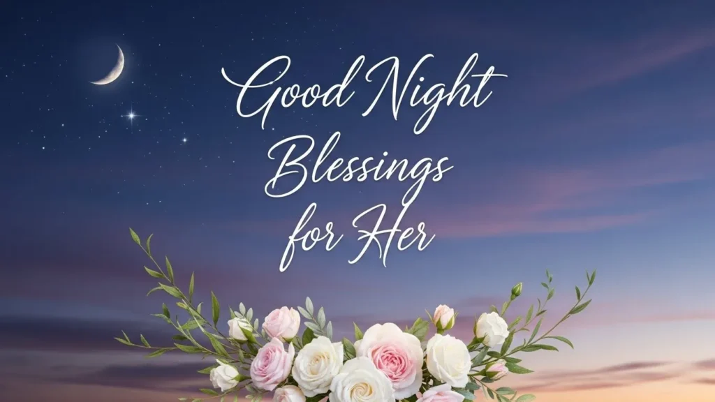 Good Night Blessings for her with a crescent moon, stars, and pink and white rose flowers in night sky.