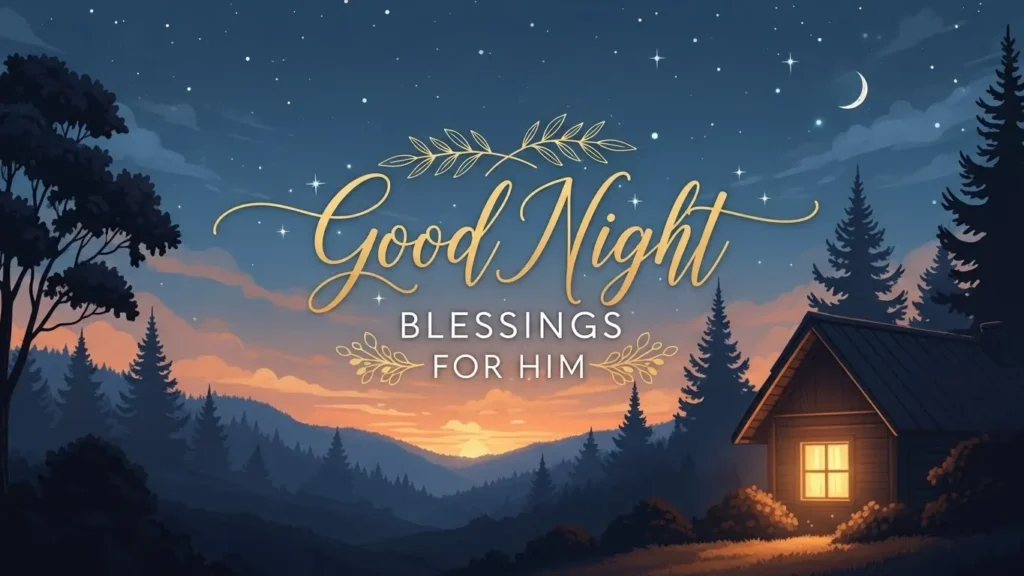 Good Night Blessings for Him with crescent moon, stars, mountain landscape and forest cabin.