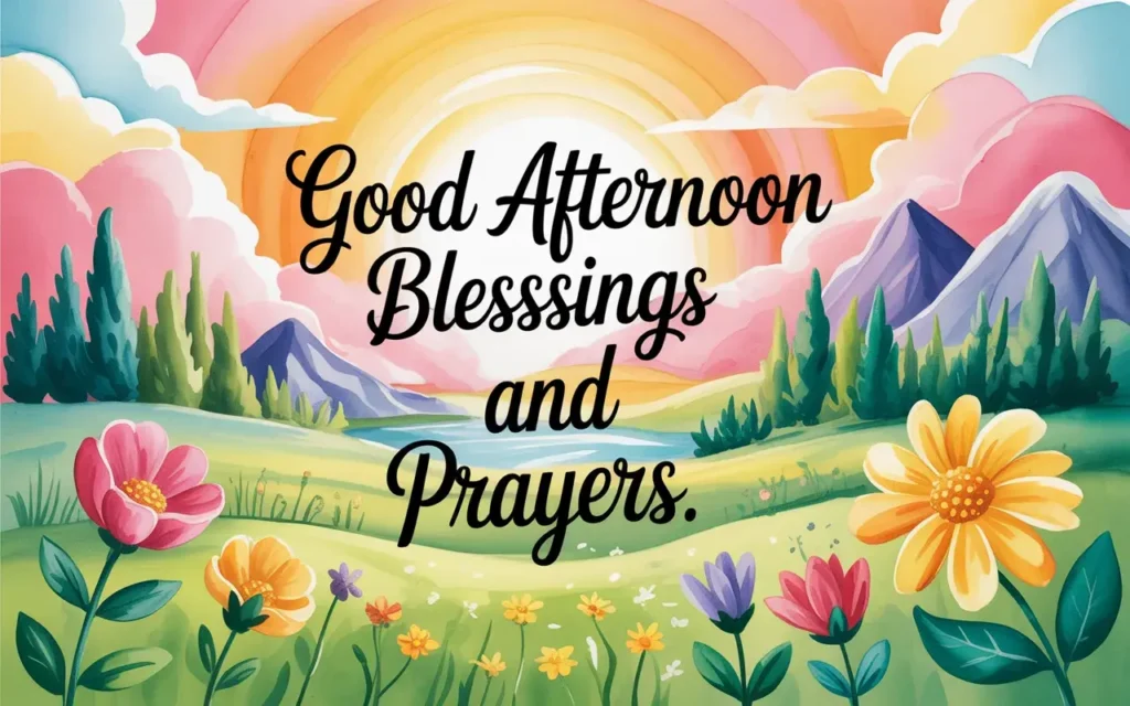 Good Afternoon Blessings and prayers with colorful flowers, mountains, rainbow sky and peaceful landscape.
