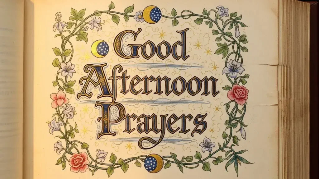 Good Afternoon Blessings with an ornate decorative vintage floral border of roses, moon phases, and antique manuscript style.