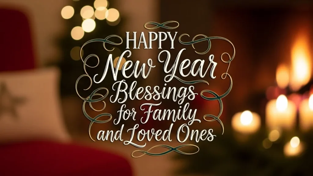 Happy New Year Blessings for Family and Loved Ones with elegant
script and warm candlelight bokeh.