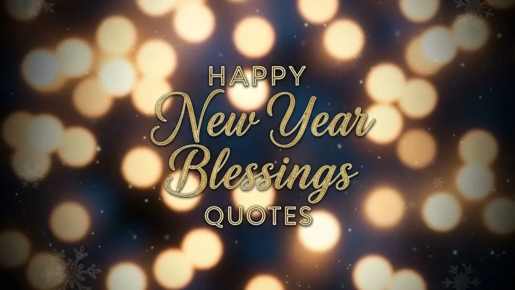 Happy New Year Blessings quotes in elegant gold script with
bokeh lights and a snowflake background.