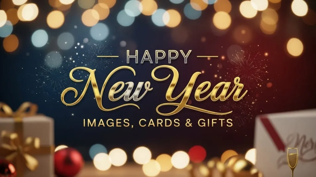 Happy New Year Blessings images, cards, and gifts with golden
text, fireworks, ornaments, and champagne.