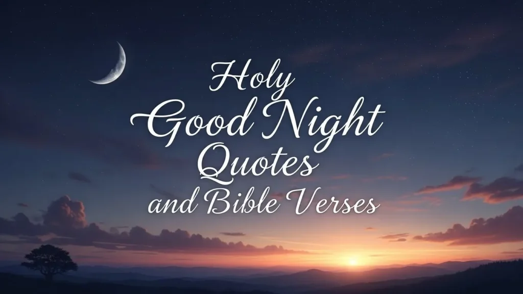 Holy Good Night Blessings Quotes and Bible Verses with crescent moon and starry sunset sky.