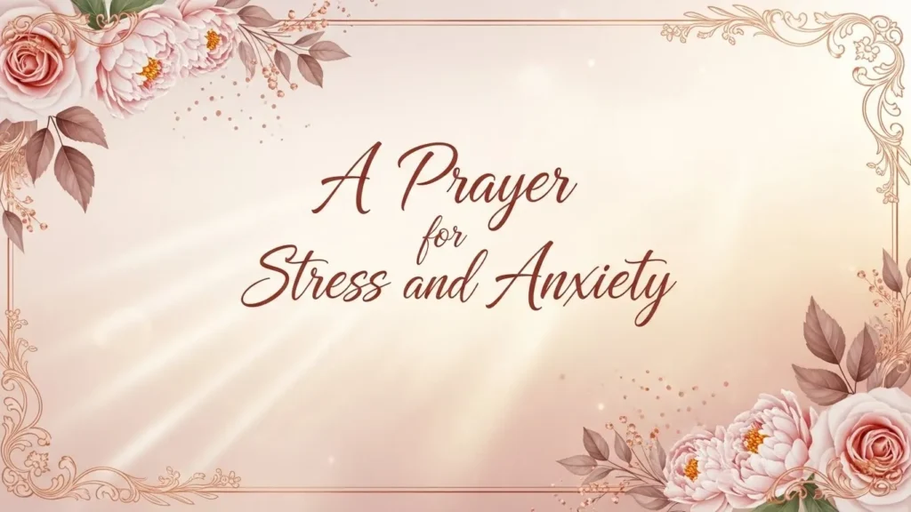 Prayer for stress and anxiety with good morning blessings - elegant floral design with pink roses, peonies and ornate gold borders on cream background.
