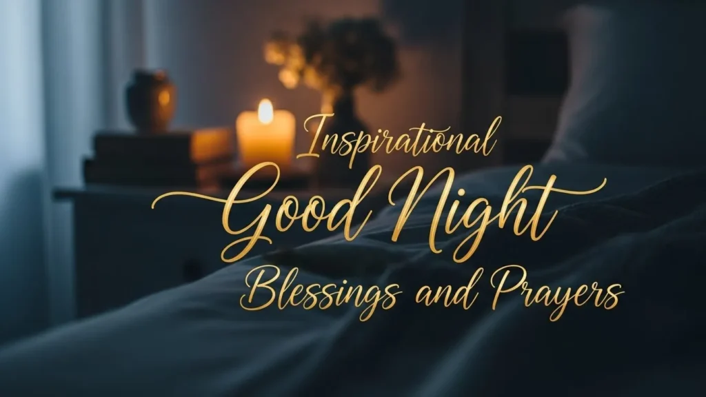 Inspirational Good Night Blessings and Prayers with woman praying by lit candle in peaceful bedroom.