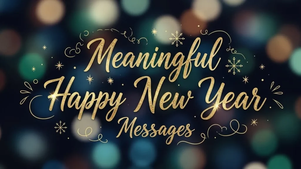 Meaningful New Year Blessings messages in elegant gold script
with snowflakes and bokeh lights.