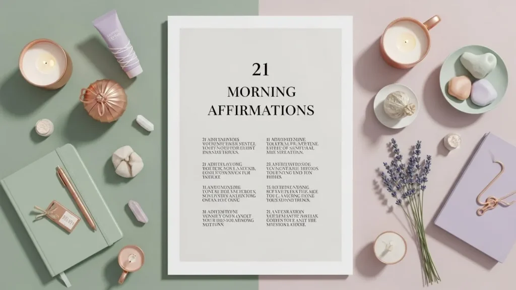 Alt Text:
"21 morning affirmations poster surrounded by candles, lavender, skincare products, and wellness items—good morning blessings for daily routine.