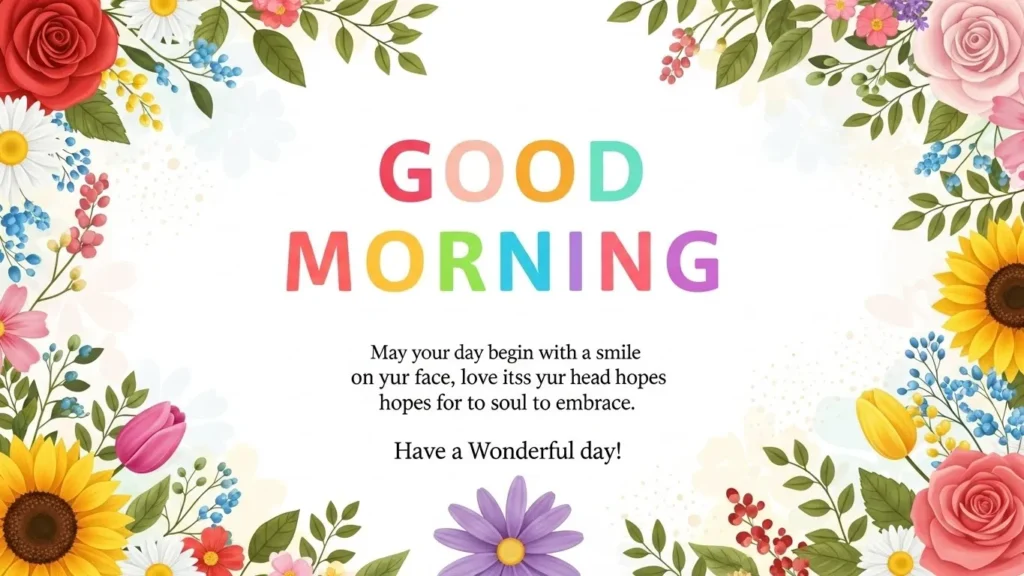 Good morning blessings greeting with colorful text, roses, sunflowers, tulips and inspirational message with smile and hope on floral background.