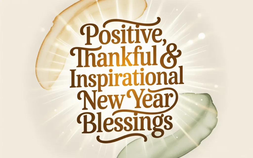 Positive Thankful Inspirational New Year Blessings design with elegant brown text and soft hands background.
