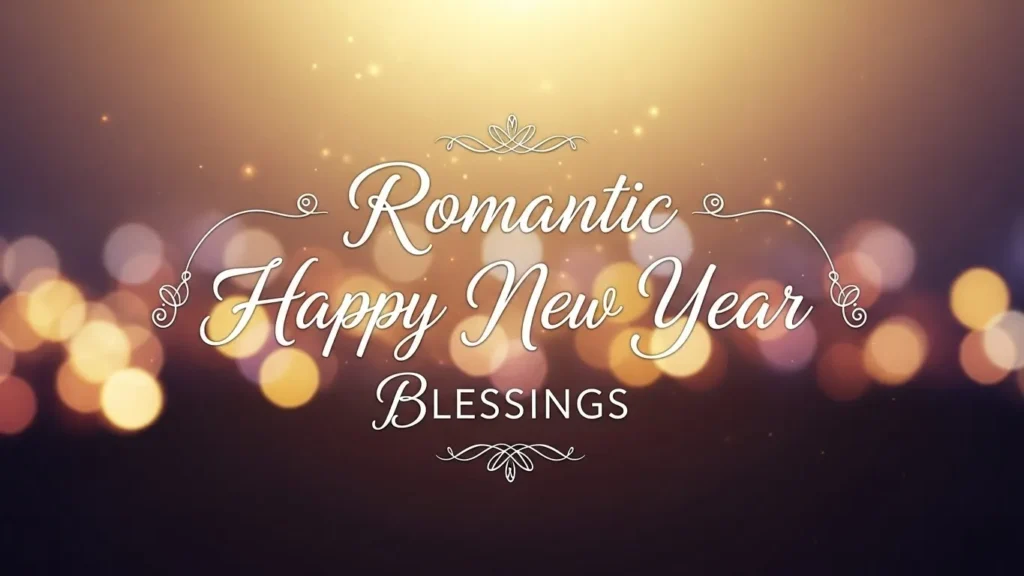 Romantic Happy New Year Blessings in elegant white script with
warm golden bokeh lights background.