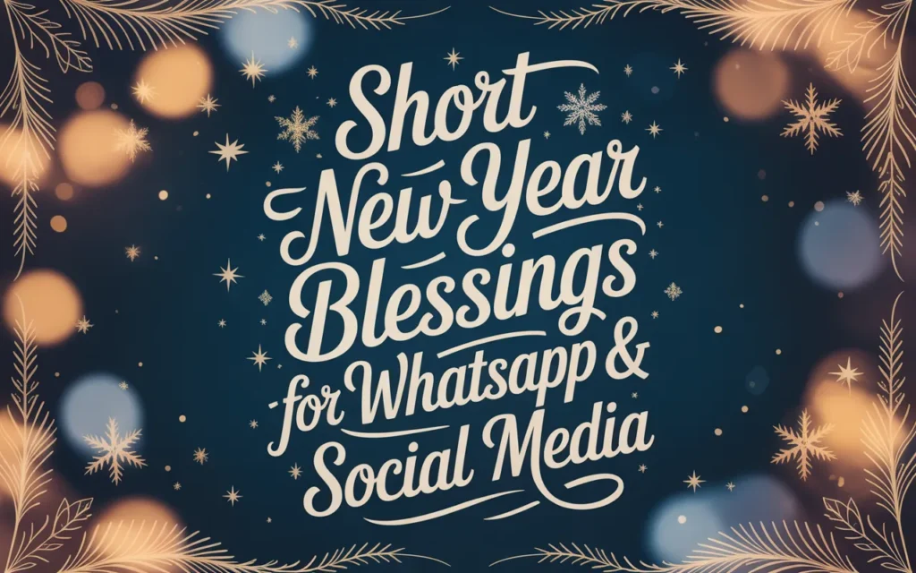 Short New Year Blessings for Whatsapp and social media with festive snowflakes, stars and golden decoration.