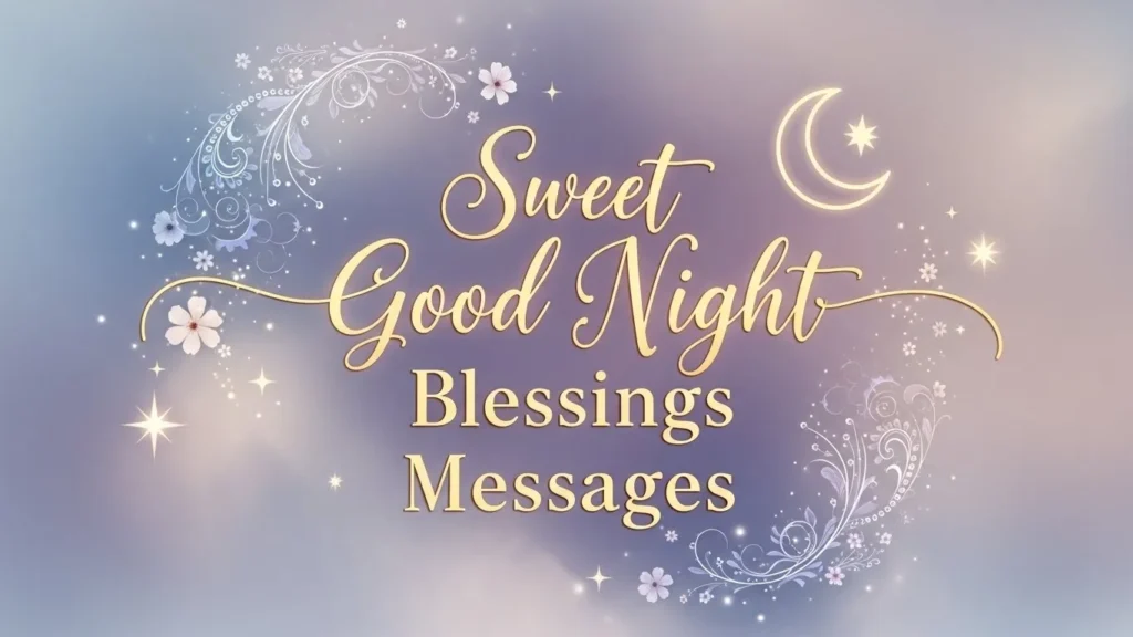 Good Night Blessings Messages with moons, stars, flowers, and golden ornamental floral designs.