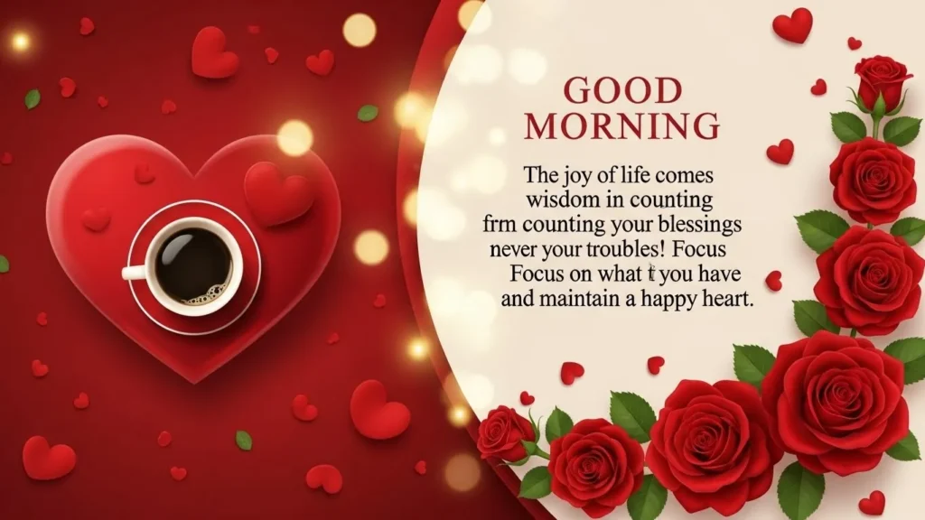 Good morning blessings card with red roses, coffee cup heart shape and inspirational message about counting blessings on romantic background".