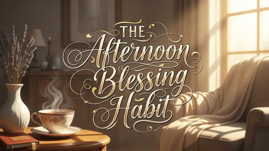 Good Afternoon Blessings habit elegant teacup, lavender flowers, cozy room, window sunlight, and interior design.