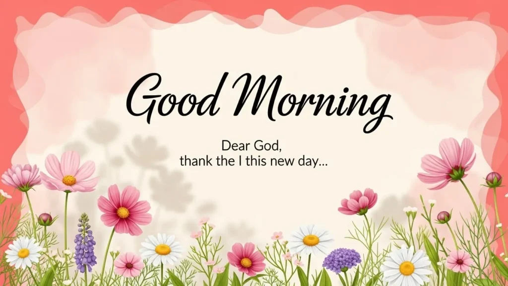 Good morning blessings greeting card with pink cosmos flowers, daisies and prayer message on coral and cream gradient background.