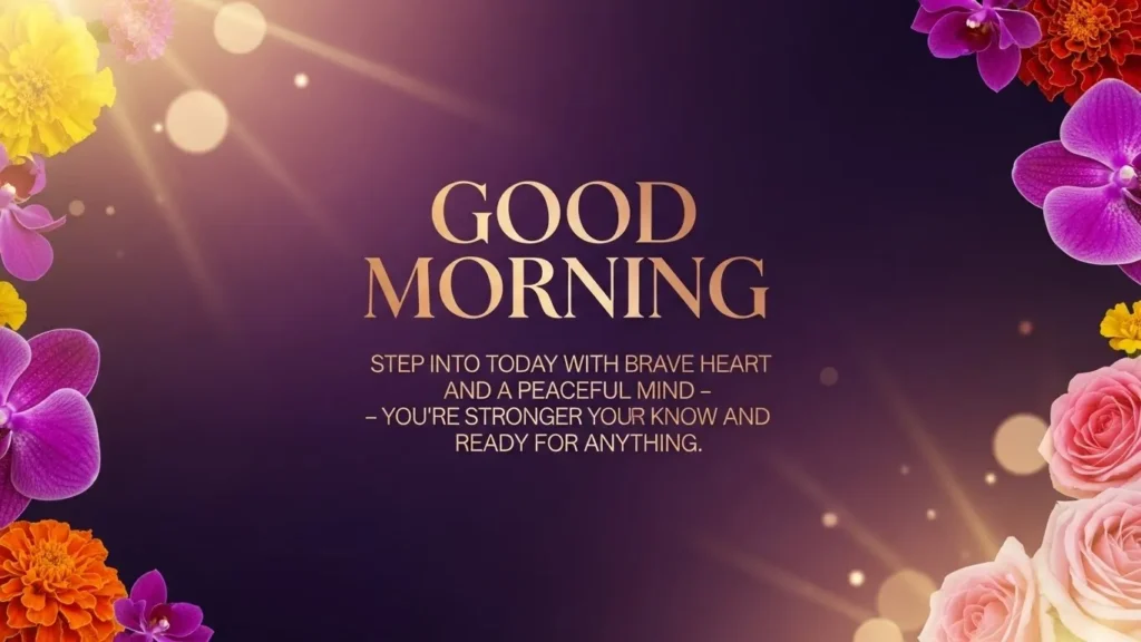Good morning blessings greeting card with colorful flowers and an inspirational quote about brave heart and peaceful mind on purple gradient background.