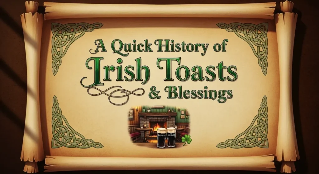 Irish toasts and blessings vintage scroll with Celtic knots and fireplace beer graphic.
