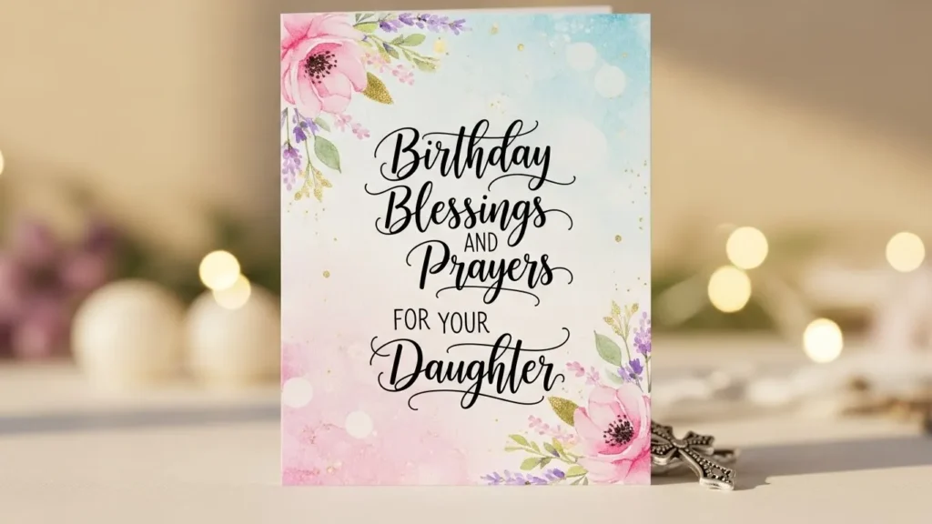 Birthday Wishes for Daughters card with blessings and prayers text, pink peonies, purple lavender and gold accents.