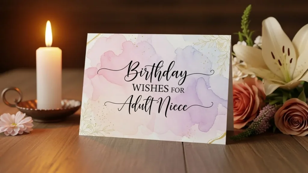 Birthday wishes for your adult niece: elegant card with watercolor and gold floral.