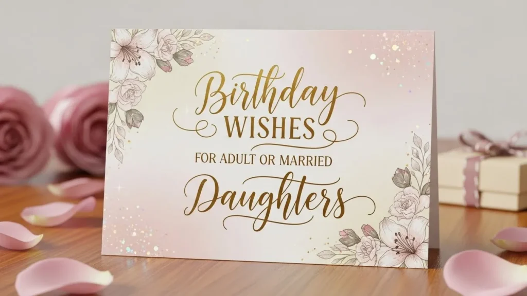 Birthday Wishes for Daughters card for adult or married women with elegant roses and gold accents.