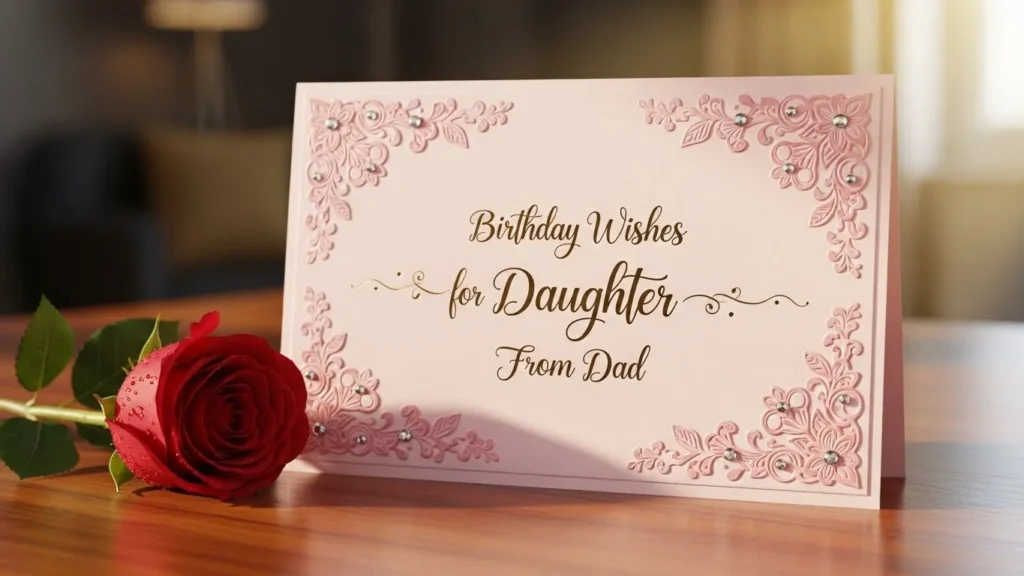 Birthday Wishes for Daughters from Dad card with ornate pink floral border and red rose.