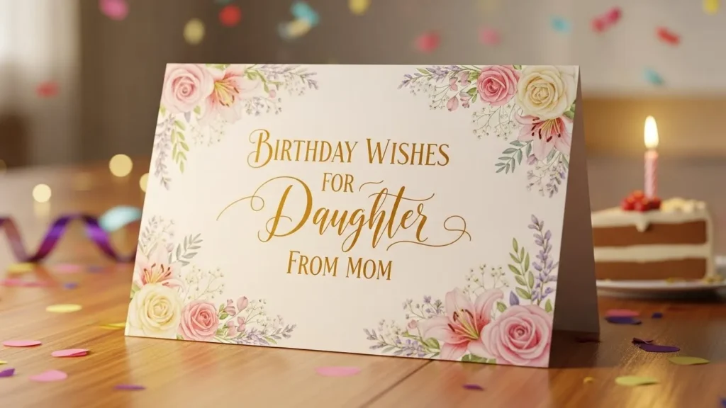 Birthday Wishes for Daughters from Mom card with pink and yellow roses and floral border.