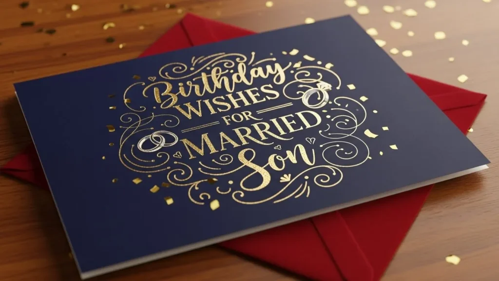 Birthday wishes for a married son on an elegant blue card with gold script and heart decoration.