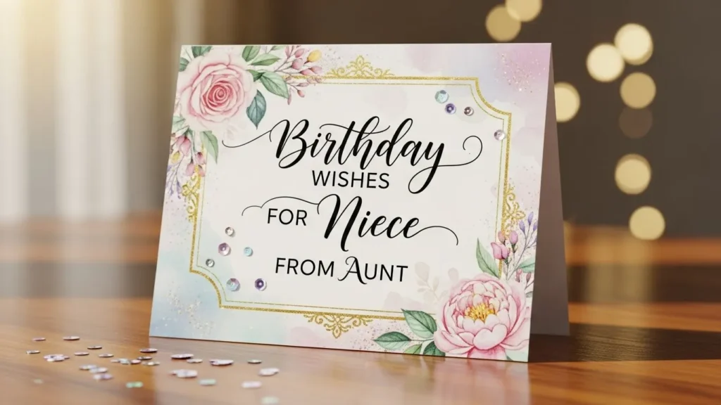 Birthday wishes for your niece elegant card with pink roses and gold ornamental frame.