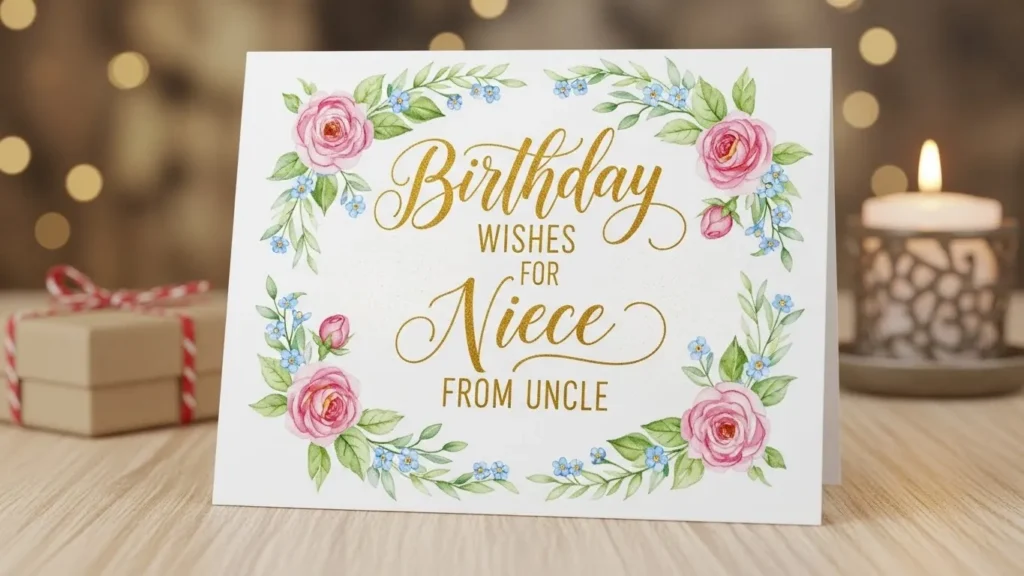 Birthday wishes for your niece on an elegant card with pink roses, green leaves, and gold.