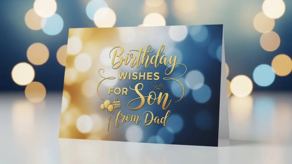 Birthday wishes for son from dad gold text card with balloons and bokeh lights.