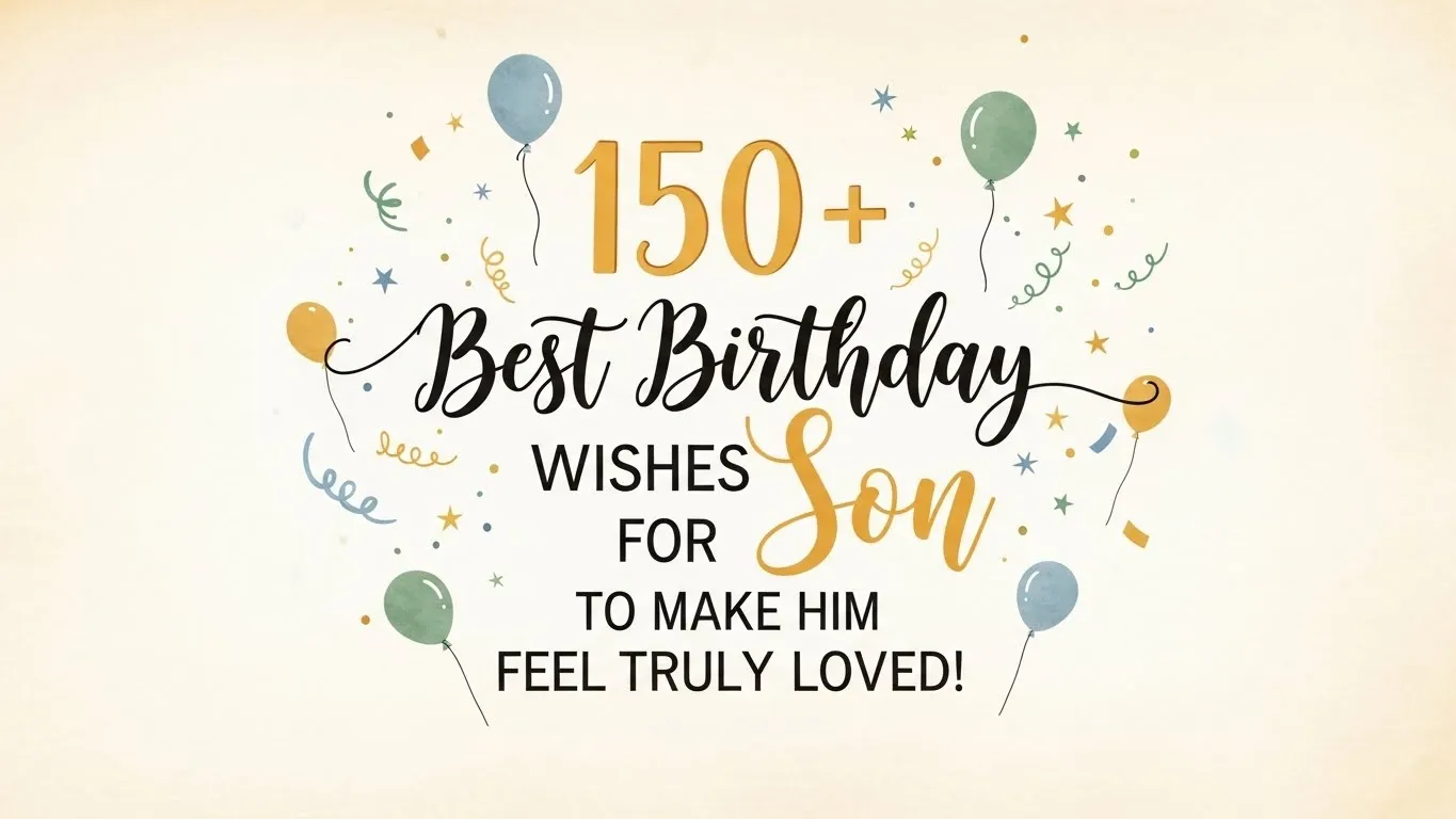 Colorful birthday wishes for son graphic with 150+ wishes text, golden balloons, decorative stars and confetti on cream background.